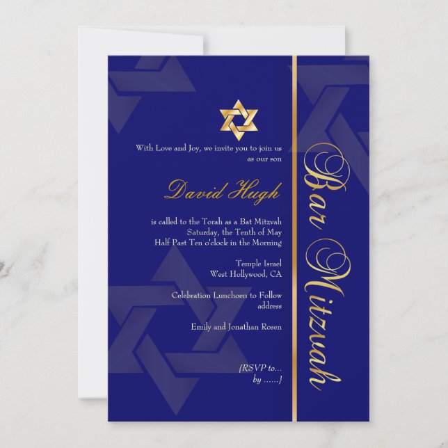 Invitation Bar élégant Mitzvah/bleu foncé/or (Devant)