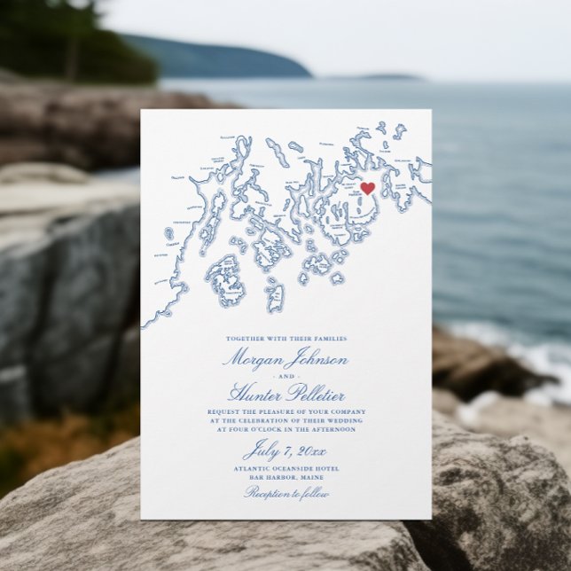 Invitation Bar Harbour Maine Map Élégant Mariage de la marine (Bar Harbor Maine Map Wedding Invitation in elegant navy blue by Penobscot Bay Shop)