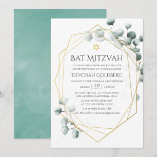 Invitation Bar Mitzvah à l'aquarelle Eucalyptus Géométrique