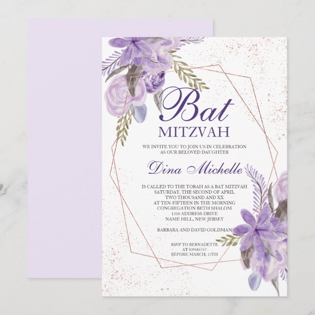 Invitation Bar Mitzvah aquarelle florale rose gold et violet (Devant / Derrière)