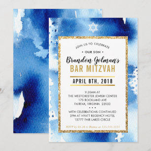 INVITATION BAR MITZVAH aquarelle moderne cool bleu