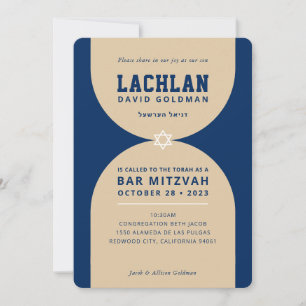 Invitation BAR MITZVAH arche moderne unique marine bleu sable