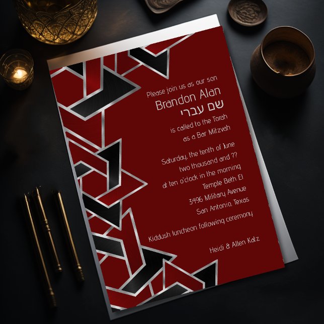 Invitation Bar Mitzvah Argent rouge étoile noire de David (Créateur téléchargé)
