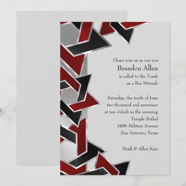 Invitation Bar Mitzvah Argent rouge étoile noire de David (Devant / Derrière)