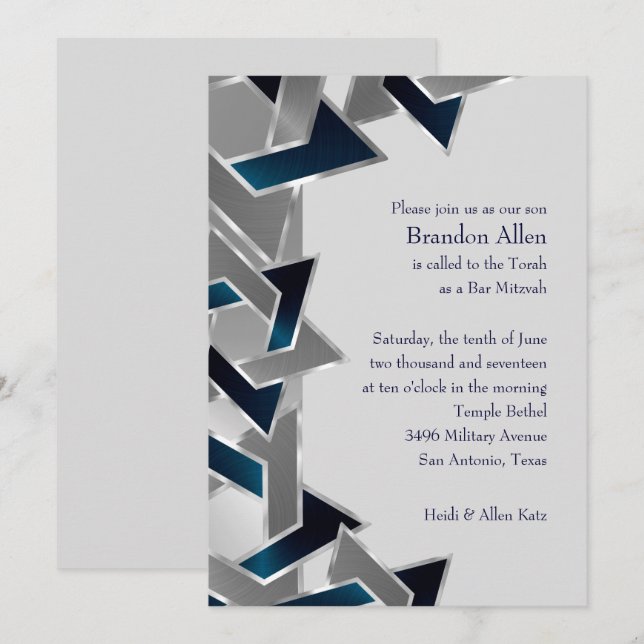 Invitation Bar Mitzvah Argent Turquoise bleu gris étoile de D (Devant / Derrière)