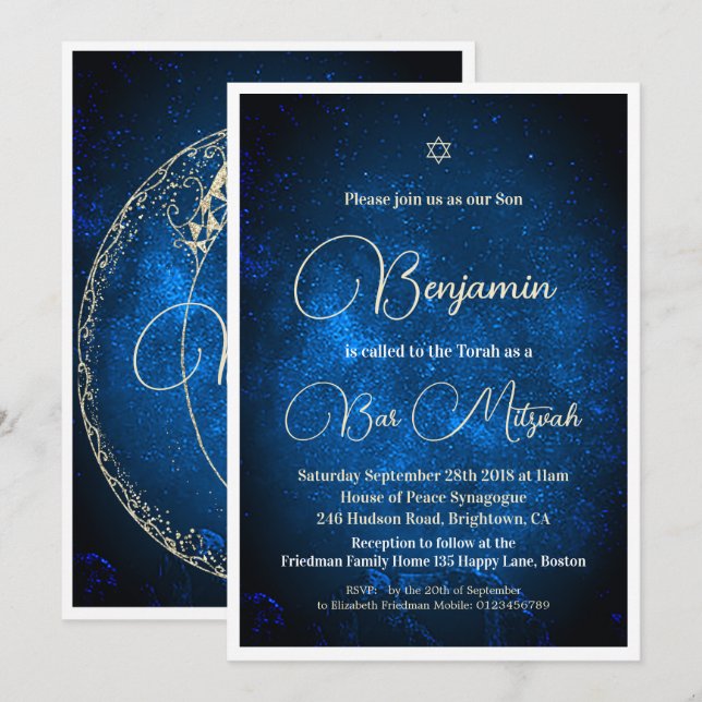 Invitation Bar Mitzvah Astral céleste étoile de lune David (Devant / Derrière)
