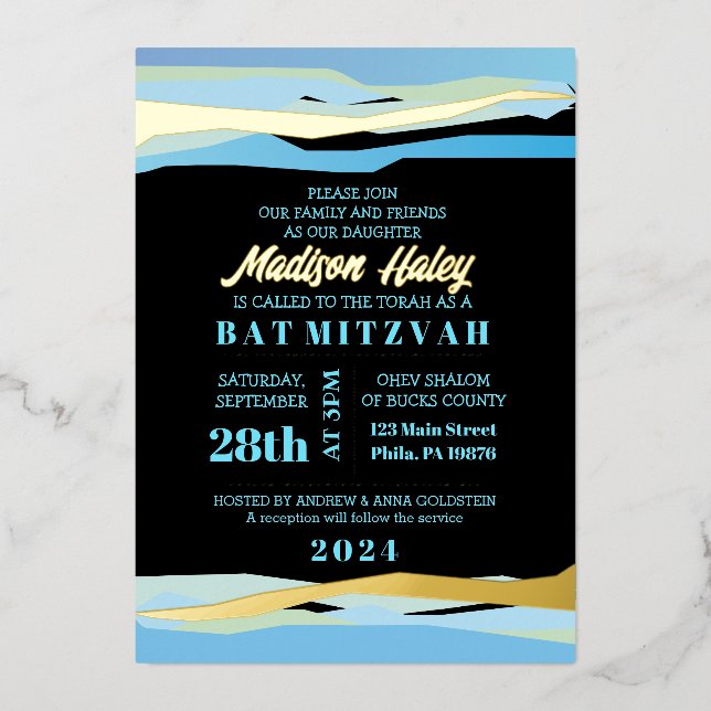 Invitation Bar Mitzvah avec feuille d'or (Recto)