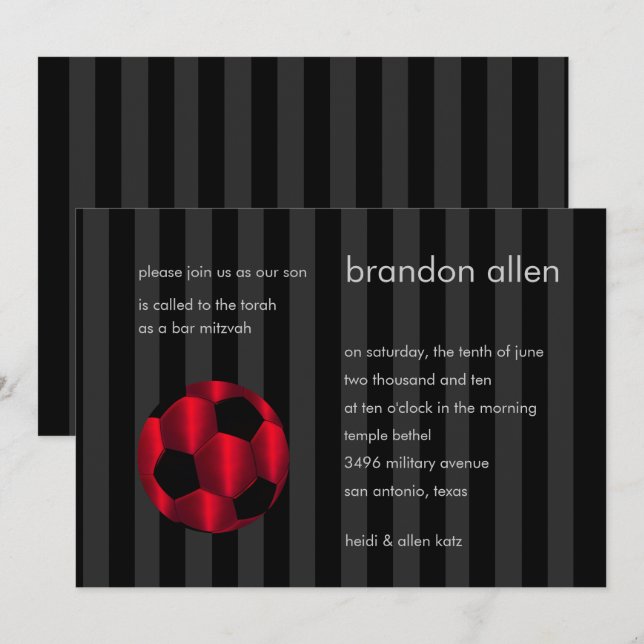 Invitation Bar Mitzvah Balle de football rouge et noir (Devant / Derrière)