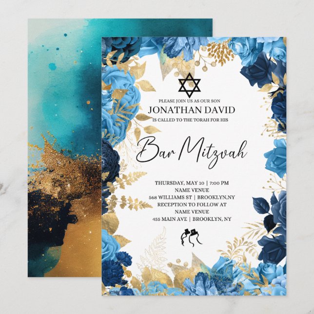 Invitation Bar Mitzvah\Bat mitzvah, Anniversaire, Blue Gold S (Devant / Derrière)