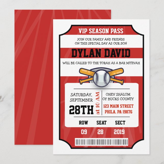 Invitation Bar Mitzvah Billet de BASEBALL (Devant / Derrière)