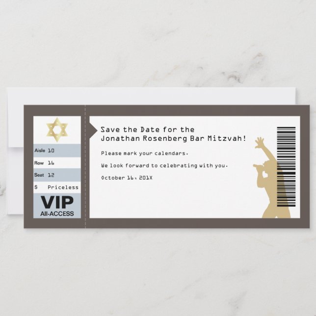 Invitation Bar Mitzvah Billet de Concert Enregistrez la Date  (Devant)