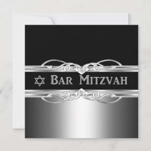 Invitation Bar Mitzvah Black Silver Metal Boy