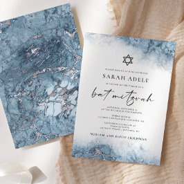 Invitation Bar Mitzvah Bleu Argent Marbre