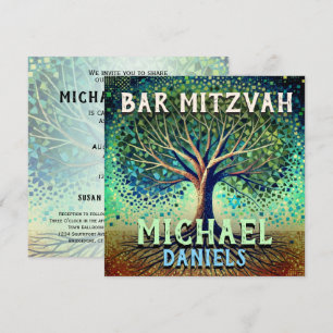 Invitation Bar Mitzvah Bleu et Arbre Vert de la Vie