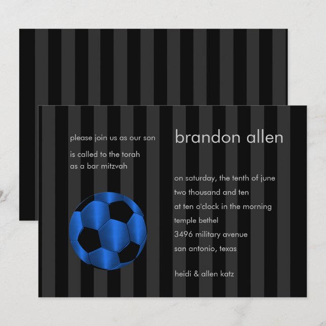 Invitation Bar Mitzvah Bleu et Black Soccer Ball (Devant / Derrière)