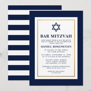 Invitation Bar Mitzvah Bleu et Blanc en or rayé