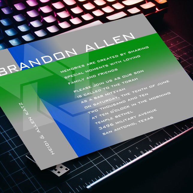 Invitation Bar Mitzvah Bleu et vert sur n'importe quelle coul (Créateur téléchargé)