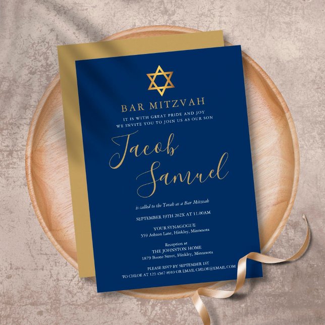 Invitation Bar Mitzvah bleu marine or écriture (Créateur téléchargé)