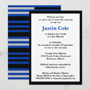 Invitation Bar Mitzvah Bleu / Rayures Argentées sur Fond Noir