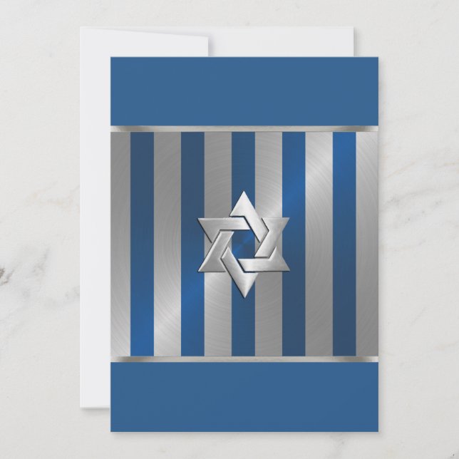 Invitation Bar Mitzvah Blue et Silver Stripe Star de David (Devant)