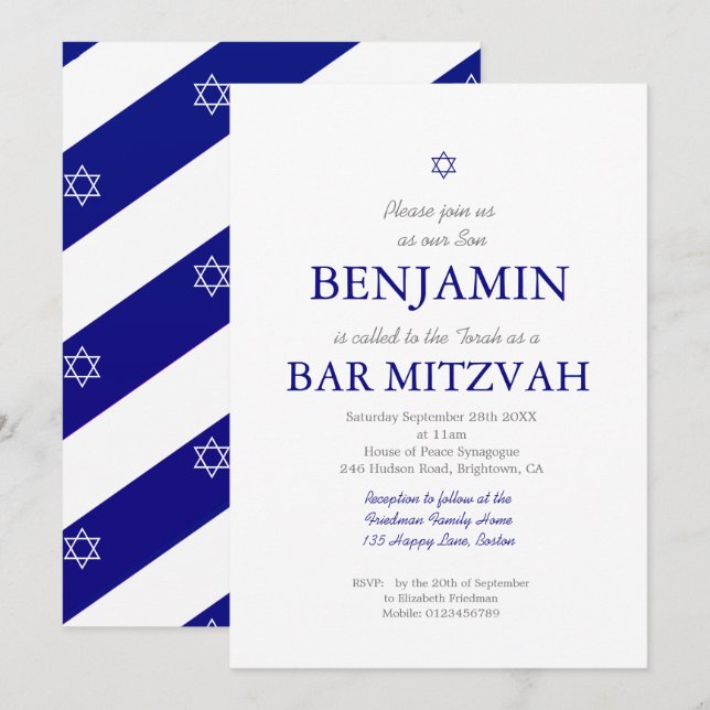 Invitation Bar Mitzvah Blue Motif Star de David Juif I (Devant / Derrière)