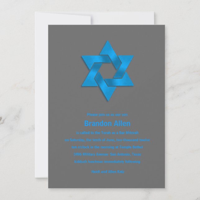 Invitation Bar Mitzvah Blue sur Grey, Star de David (Devant)