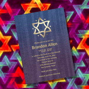 Invitation Bar Mitzvah Bois Tacheté Bleu Prune Étoile Dorée