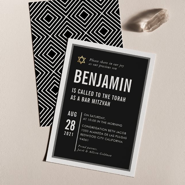 Invitation BAR MITZVAH cool typographie moderne noir blanc (Créateur téléchargé)