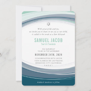 Invitation BAR MITZVAH courbe moderne design menthe bleu gris