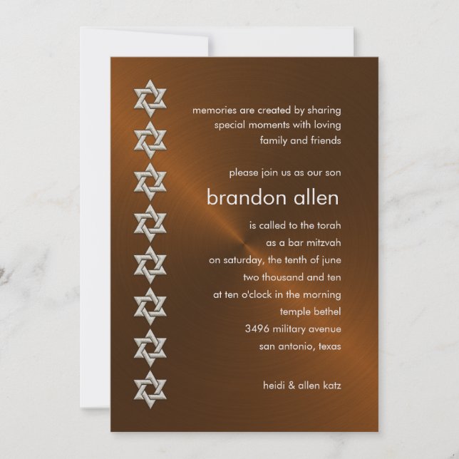 Invitation Bar Mitzvah Cuivre Sheen Argent Étoiles de David (Devant)