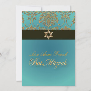 Invitation Bar  Mitzvah+Doré Faux Damassé/noir+aqua