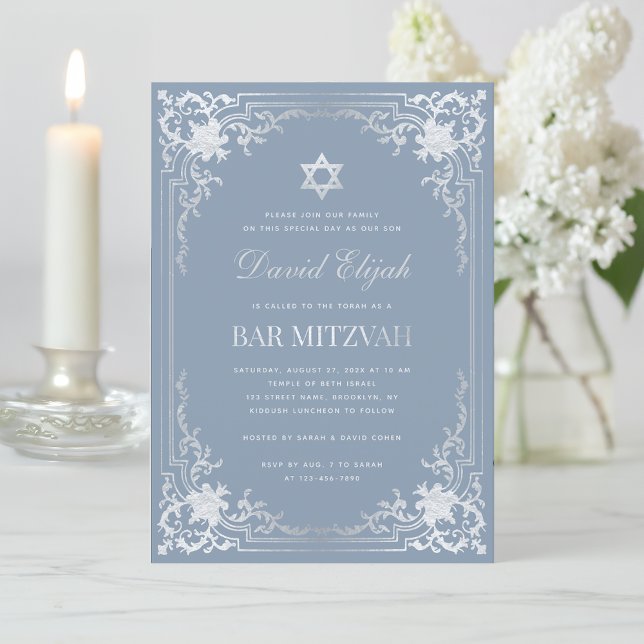 Invitation Bar Mitzvah Dusty Blue Faux Argent Elégant Vintage (Créateur téléchargé)