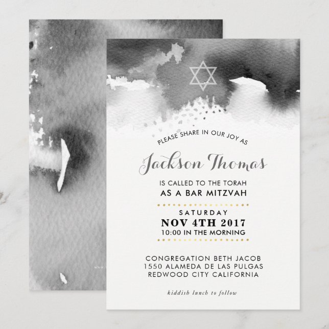 Invitation BAR MITZVAH élégant moody gris aquarelle invitatio (Devant / Derrière)