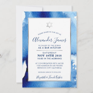 Invitation BAR MITZVAH étoile argent bleu aquarelle invitatio