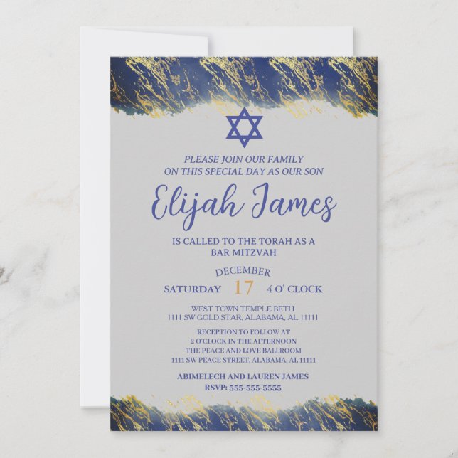 Invitation Bar Mitzvah étoile de David moderne élégant bleu o (Devant)