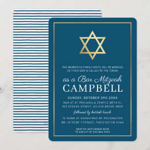 Invitation BAR MITZVAH étoile d'or simple moderne bleu blanc