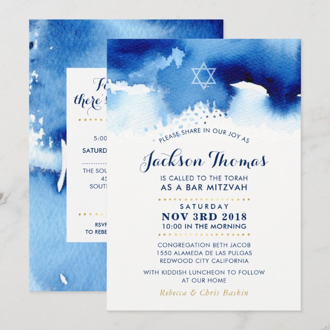 Invitation BAR MITZVAH étoile moderne bleu aquarelle invitati (Devant / Derrière)