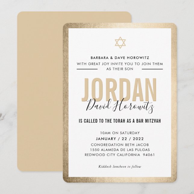 Invitation BAR MITZVAH étoile moderne garçon or noir simple (Devant / Derrière)