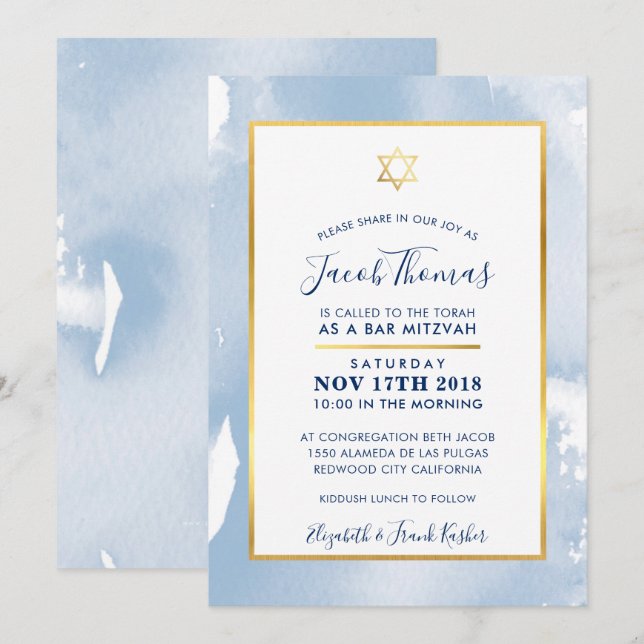 Invitation BAR MITZVAH étoile or smart bleu aquarelle invitat (Devant / Derrière)