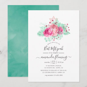 Invitation Bar Mitzvah Fleurie Rose et Menthe