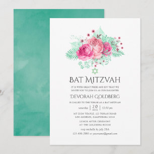 Invitation Bar Mitzvah Fleurie Rose et Menthe
