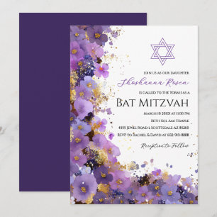 Invitation Bar Mitzvah Fleurie Violet et Or