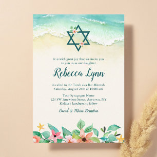 Invitation Bar Mitzvah Floral de Plage à l'Aquarelle