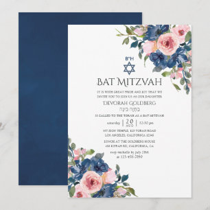 Invitation Bar Mitzvah Floral Navy et Blush Aquarelle