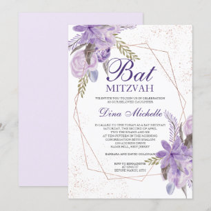 Invitation Bar Mitzvah florale aquarelle rose gold et violet