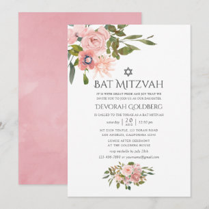 Invitation Bar Mitzvah Florale Rose Pâle et Or Rose