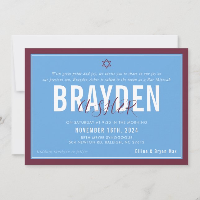 Invitation BAR MITZVAH football moderne bleu marron ELLINA (Devant)