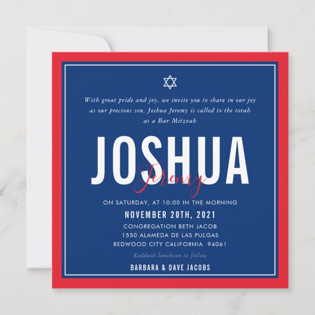 Invitation BAR MITZVAH football moderne bleu rouge ELLINA (Devant)