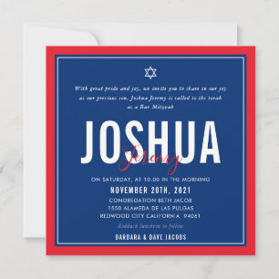 Invitation BAR MITZVAH football moderne bleu rouge QRCODE