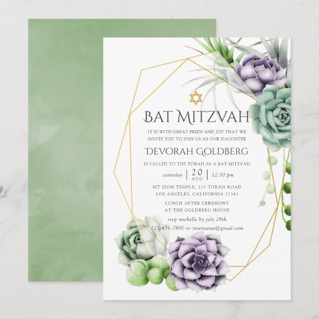 Invitation Bar Mitzvah Géométrique Succulent (Devant / Derrière)